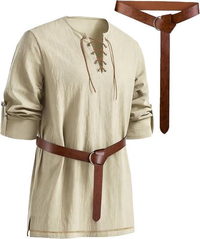 Mens Pirate Shirt Cotton Linen Long Sleeve Lace Up Renaissance Shirt Medieval Costume Men with Belt for Halloween in Saudi Arabia