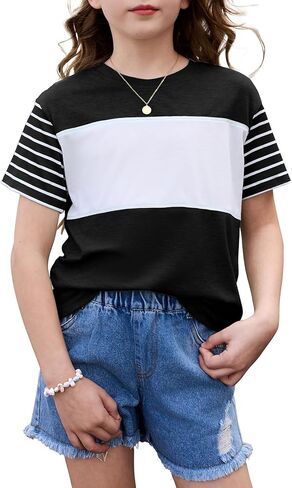 blibean Tween Girls Summer Shirts Short Sleeve Color Block Tops Size 6-15 Years in Saudi Arabia