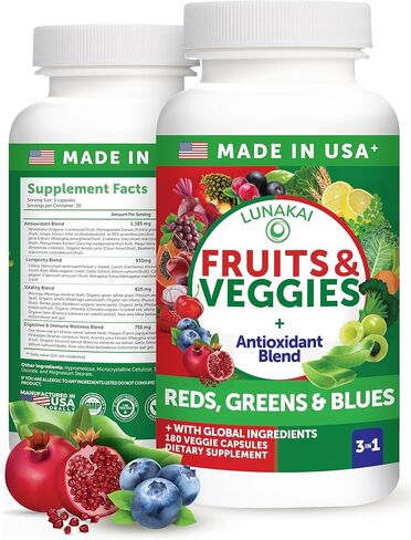 مكمل Lunakai USA Made Superfood للفواكه والخضروات - الكل في واحد مع 4 خلطات وكبسولات معطرة، 180 كبسولة نباتية فائقة للبالغين in Kuwait