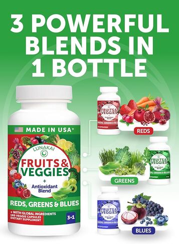 مكمل Lunakai USA Made Superfood للفواكه والخضروات - الكل في واحد مع 4 خلطات وكبسولات معطرة، 180 كبسولة نباتية فائقة للبالغين in Kuwait
