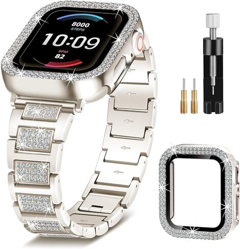 حزام ذهبي لساعة Apple Watch SE 3 نطاقات 40 مم للنساء مع حافظة واقية، سوار كريستال معدني لامع لسلسلة iWatch Band Series 6 5 4 SE SE2، استبدال المجوهرات الماسية لسوار معصم iPhone اللامع النحيف in Kuwait