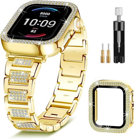 حزام ذهبي لساعة Apple Watch SE 3 نطاقات 40 مم للنساء مع حافظة واقية، سوار كريستال معدني لامع لسلسلة iWatch Band Series 6 5 4 SE SE2، استبدال المجوهرات الماسية لسوار معصم iPhone اللامع النحيف in Kuwait
