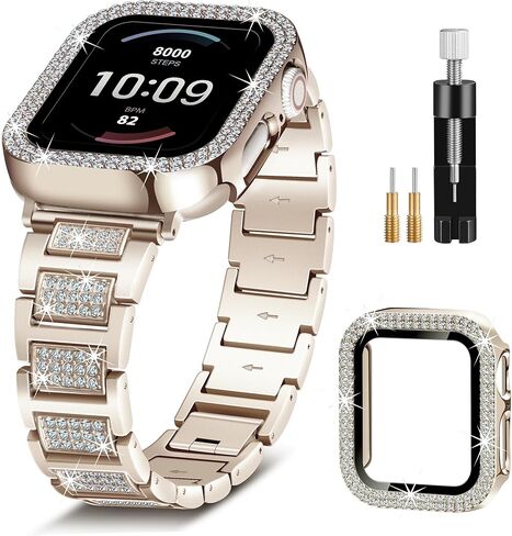 حزام ذهبي لساعة Apple Watch SE 3 نطاقات 40 مم للنساء مع حافظة واقية، سوار كريستال معدني لامع لسلسلة iWatch Band Series 6 5 4 SE SE2، استبدال المجوهرات الماسية لسوار معصم iPhone اللامع النحيف in Kuwait