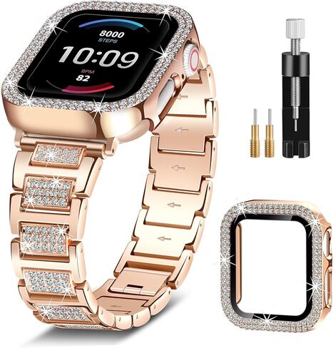 حزام ذهبي لساعة Apple Watch SE 3 نطاقات 40 مم للنساء مع حافظة واقية، سوار كريستال معدني لامع لسلسلة iWatch Band Series 6 5 4 SE SE2، استبدال المجوهرات الماسية لسوار معصم iPhone اللامع النحيف in Kuwait