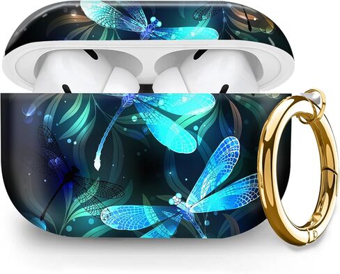 Compatible with AirPod Pro 2nd/1st Generation Case Cover, Cute Hard & Shockproof Skin Case Cover with Gold Round Keychain, for Men Women & Girls(Blue Flower) in Saudi Arabia