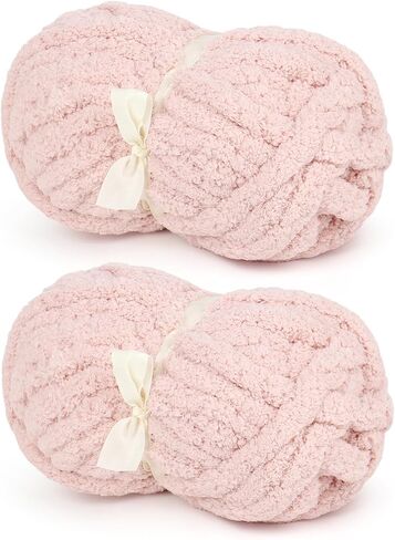 Aeelike 2 Skeins غزل جامبو ناعم ومكتنز، غزل قطن كاندي وردي أزرق #8 غزل شانيل رقيق للمبتدئين والحرف اليدوية، 100% من البوليستر منسوج بالأصابع للبطانيات والوسائد والأوشحة in Kuwait