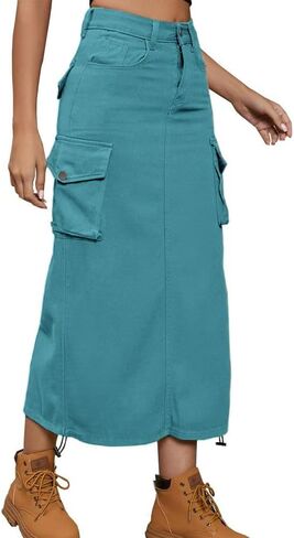 Cargo Skirt Jean Adjustable Casual A-Line Midi Long Denim Skirt in Saudi Arabia