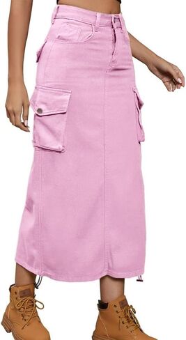 Cargo Skirt Jean Adjustable Casual A-Line Midi Long Denim Skirt in Saudi Arabia