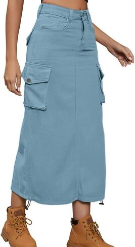 Cargo Skirt Jean Adjustable Casual A-Line Midi Long Denim Skirt in Saudi Arabia