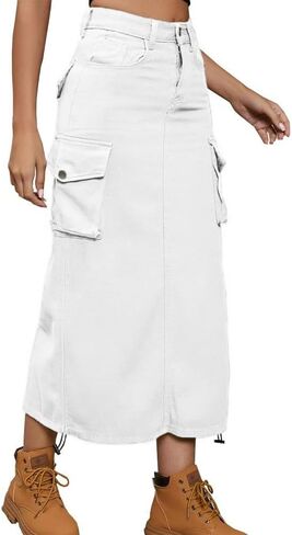 Cargo Skirt Jean Adjustable Casual A-Line Midi Long Denim Skirt in Saudi Arabia
