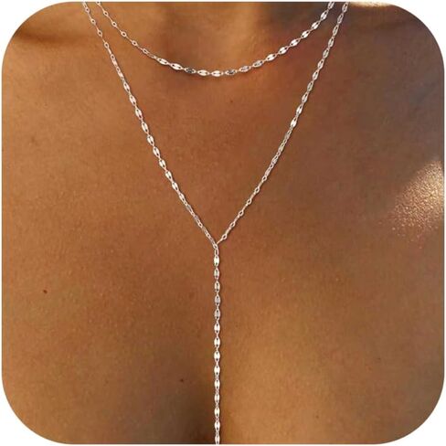 Lariat Necklace for Women, Dainty Long Necklaces, 14k Gold/Silver Plated Y-Shaped Drop Chain Necklace, Simple Layered Necklaces, Trendy Jewelry Gifts for Her in Saudi Arabia