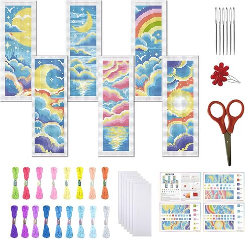 FREEBLOSS 6 Set Cross Stitch Bookmark Kit 11 CT Complete Cross Stitch Kit DIY Embroidery Bookmark Kits for Adult Beginners with Instructions, Flowers and Books, 8" x 2.4" in Saudi Arabia