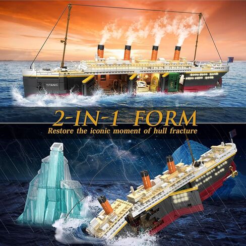 Zylvoxia Titanic Building Set, 2288 Pcs Titanic Big Ship Model Block Set with Glacier and Glowing Light Strip, Giant Ship Building Model Set for Adults and Kids in Saudi Arabia