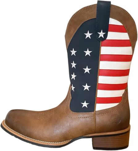 Men's Western Cowboy Boots Mid Calf Pull-On Cowboy Boots For Men US Star Embroidery Rubber Outsole Wide Square Toe Classic Cowboy Style Perfect For Pairing With Jeans & Riding/Casual Wear in Kuwait