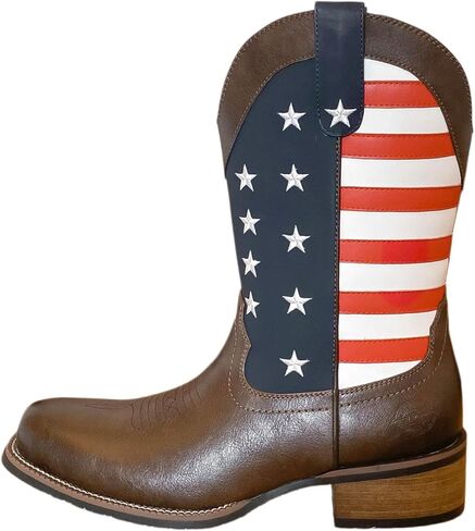 Men's Western Cowboy Boots Mid Calf Pull-On Cowboy Boots For Men US Star Embroidery Rubber Outsole Wide Square Toe Classic Cowboy Style Perfect For Pairing With Jeans & Riding/Casual Wear in Kuwait