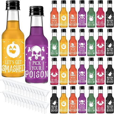 Meanplan 30 Pcs Christmas Liquor Bottles Bulk 1.7 oz Plastic Mini Wine Beverage Christmas Bottles with Label Stickers Black Screw Caps and Funnels for Xmas Party Favors Decorations in Saudi Arabia