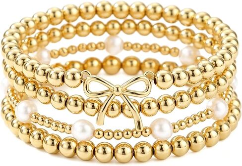 Gold Beaded Bow Heart Paperclip Pearl Stack Bracelet Set for Women, 4Pcs Handmade Golden Beads Pearls Stretch Stackable Bracelets Party Jewelry Accessories Gift in Saudi Arabia