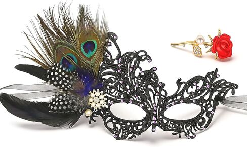 Lace Masquerade Mask for Women Feather Venetian Mask with Brooch for Masquerade Ball Halloween Party in Saudi Arabia