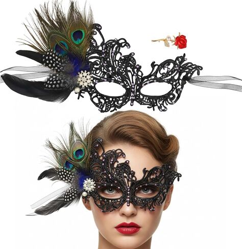Lace Masquerade Mask for Women Feather Venetian Mask with Brooch for Masquerade Ball Halloween Party in Saudi Arabia