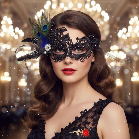 Lace Masquerade Mask for Women Feather Venetian Mask with Brooch for Masquerade Ball Halloween Party in Saudi Arabia