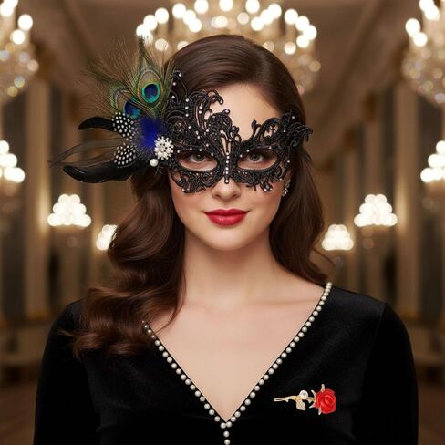 Lace Masquerade Mask for Women Feather Venetian Mask with Brooch for Masquerade Ball Halloween Party in Saudi Arabia