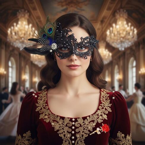 Lace Masquerade Mask for Women Feather Venetian Mask with Brooch for Masquerade Ball Halloween Party in Saudi Arabia