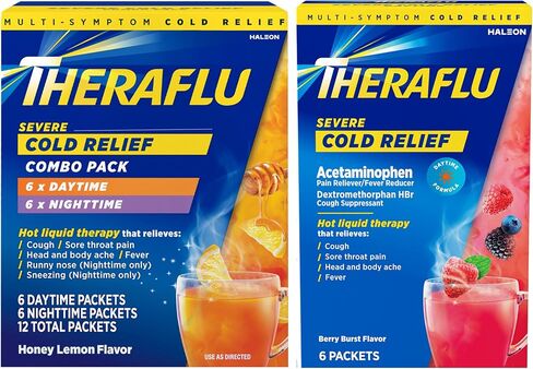 مجموعة Theraflu كومبو أثناء النهار والليل لتخفيف البرد الشديد بنكهة العسل والليمون ومسحوق نكهة التوت الشديد أثناء النهار، 6 نهارًا + 6 ليلًا، و6 عبوات مسحوق انفجار التوت in Kuwait