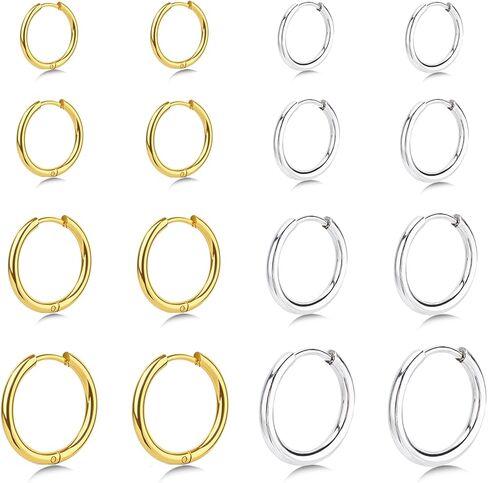 5 Pairs Small Huggie Hoop Earrings for Women, Stainless Steel Lightweight Hypoallergenic Silver/Gold Earrings for Sensitive Ears, Stackable Cartilage Hoop, Minimalist Everyday Jewelry (6/8/10/12/14mm) in Saudi Arabia