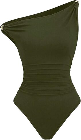 Milumia Women's Off The Shoulder Ruched Bodysuit Asymmetrical Metal Fitted Going Out Tops Jumpsuit in Saudi Arabia