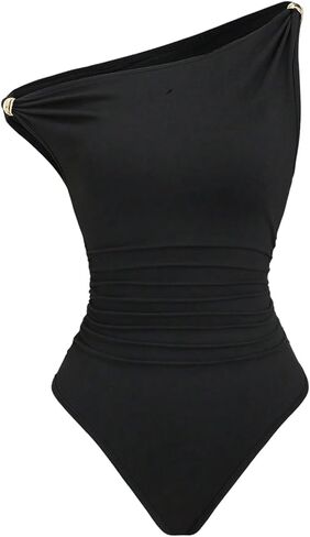 Milumia Women's Off The Shoulder Ruched Bodysuit Asymmetrical Metal Fitted Going Out Tops Jumpsuit in Saudi Arabia
