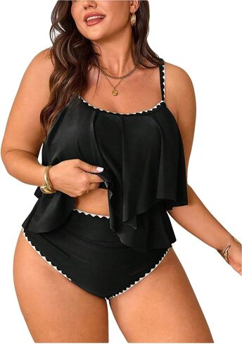 طقم بيكيني نسائي من Verdusa مكون من قطعتين مقاس كبير تانكيني مع حواف متباينة وطبقات مكشكشة مع لباس داخلي in Kuwait