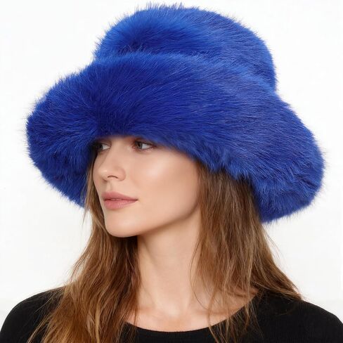 Oversized Winter Faux Fur Bucket Hat for Women Luxury Long Fur Wide Fluffy Moldable Brim in Saudi Arabia