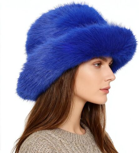 Oversized Winter Faux Fur Bucket Hat for Women Luxury Long Fur Wide Fluffy Moldable Brim in Saudi Arabia