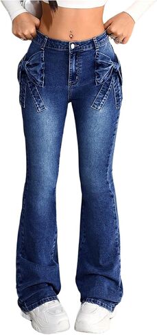 GORGLITTER Girl's Bow Flare Jeans Y2k Stretchy Low Waisted Denim Pants Bell Bottom Trousers in Saudi Arabia