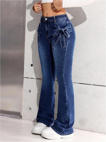 GORGLITTER Girl's Bow Flare Jeans Y2k Stretchy Low Waisted Denim Pants Bell Bottom Trousers in Saudi Arabia