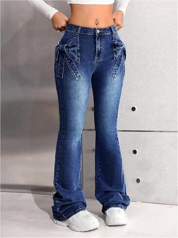 GORGLITTER Girl's Bow Flare Jeans Y2k Stretchy Low Waisted Denim Pants Bell Bottom Trousers in Saudi Arabia