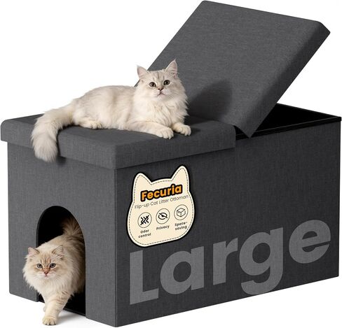 3-in-1 Cat Litter Box Enclosure with Odor Control, Multi-Functional Hidden Litter Box Furniture Bench, Dog Proof, Space-Saving Ottoman Cabinet with Flip-Up Lid, Storage Footrest, Dark Grey in Saudi Arabia