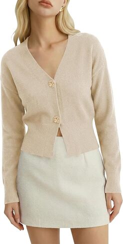 Women V Neck Cropped Cardigan Sweaters Fitted Long Sleeve Fall Button Up Chunky Knit Cardigans Shrugs in Kuwait