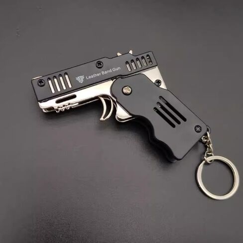 Mini Rubber Band Gun Metal Folding Gun Keychain with 100 Rubber Bands Made Entirely of zinc-Iron Alloy Material Sturdy and Durable (Black Leather Holster) in Saudi Arabia