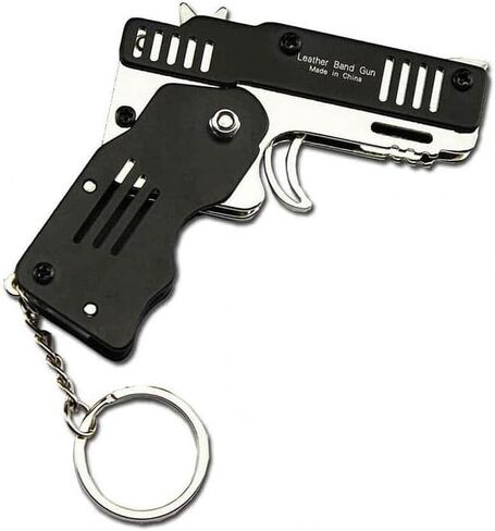 Mini Rubber Band Gun Metal Folding Gun Keychain with 100 Rubber Bands Made Entirely of zinc-Iron Alloy Material Sturdy and Durable (Black Leather Holster) in Saudi Arabia