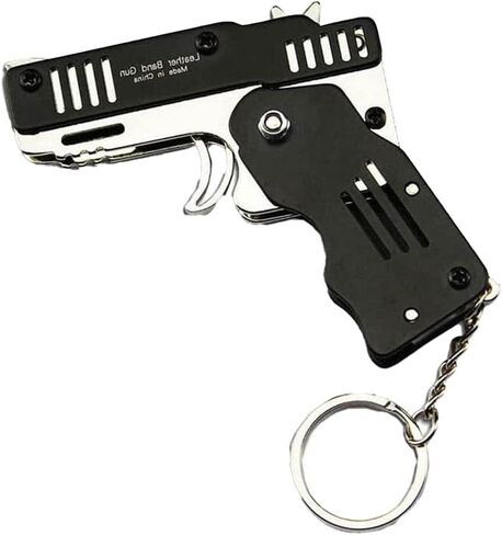 Mini Rubber Band Gun Metal Folding Gun Keychain with 100 Rubber Bands Made Entirely of zinc-Iron Alloy Material Sturdy and Durable (Black Leather Holster) in Saudi Arabia