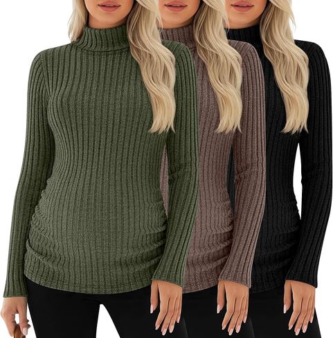 3 Pack Women's Maternity T-Shirts Turtleneck Long Sleeve Sweaters Side Ruched Slim Pregnancy Tee Ribbed Basic Tops in Saudi Arabia