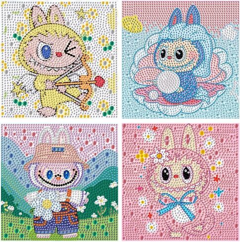 CraftyTime 4pack مجموعات الرسم الفني الماسي للأطفال، فن الماس الكرتوني للأطفال الذين تتراوح أعمارهم بين 4-8-12 عامًا، طقم أحجار كريمة كرتونية للمبتدئين للهدايا ديكور جدار المنزل (6x6 بوصة) in Kuwait