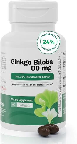 Ginkgo Biloba ملحق 80 ملغ-يدعم الوظيفة الإدراكية ، صحة الدماغ والذاكرة-غير المعدلة وراثيا ، خالية من الغلوتين جينكو بيلوبا مستخلص (60) in Kuwait