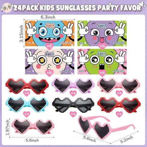 24 Pairs Heart Sunglasses Valentines Day Gift for Kids Classroom School with Valentines Day Cards, Bulk Heart Shaped Glasses for Kids Classroom Exchange School Gifts Party Favors Stuffers in Saudi Arabia