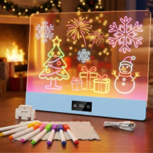 لوحة رسم LED للأطفال، لوحة رسم LED مع 8 تأثيرات إضاءة، 15 بوصة لوحة إضاءة ملونة متوهجة، دفتر ملاحظات LED، 7 علامات ألوان مغناطيسية ممتعة على الأرض in Kuwait