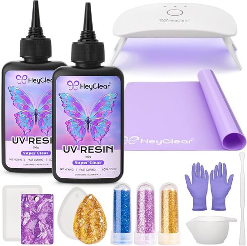 HeyClear UV Resin Kit with Light -200g Crystal Clear, Hard Resina UV Light Fast Curing UV Glue for Beginners Crafting, Molds Jewelry Making, DIY Craft Decorations in Kuwait
