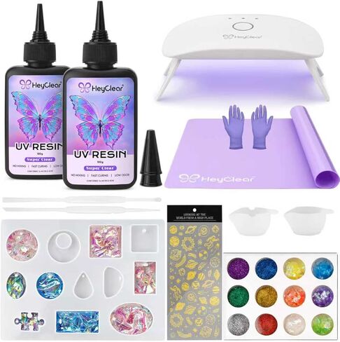 HeyClear UV Resin Kit with Light -200g Crystal Clear, Hard Resina UV Light Fast Curing UV Glue for Beginners Crafting, Molds Jewelry Making, DIY Craft Decorations in Kuwait