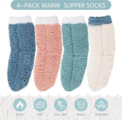 Foaincore 4 Pcs Fuzzy Slipper Socks with Gripper Non-slip Sherpa Sock for Men Women Thick Plush Warm Winter in Saudi Arabia