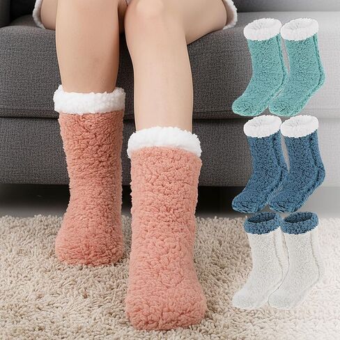 Foaincore 4 Pcs Fuzzy Slipper Socks with Gripper Non-slip Sherpa Sock for Men Women Thick Plush Warm Winter in Saudi Arabia